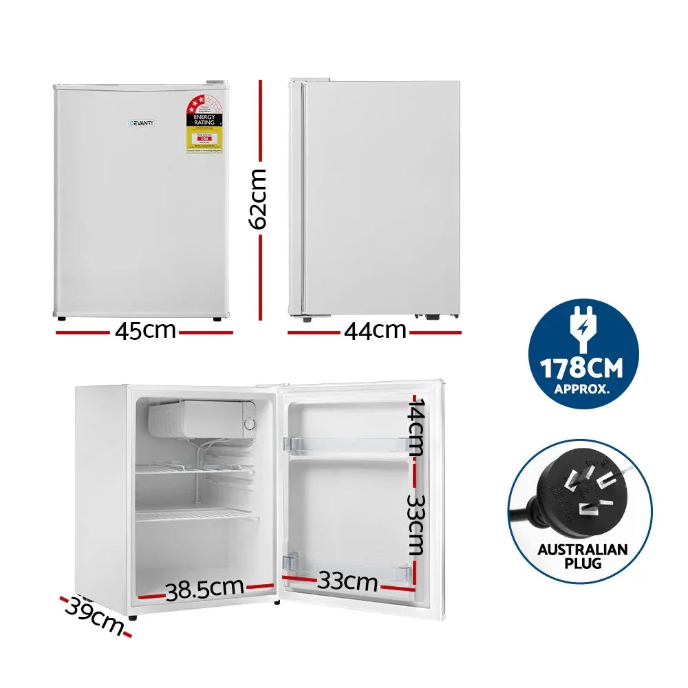 Compact white bar fridge with dimensions, open door, shelves, and Australian plug