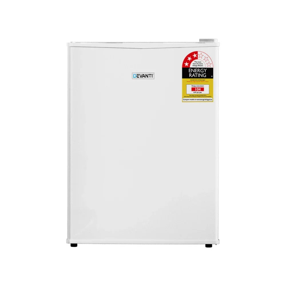 White compact bar fridge with energy rating sticker on front, minimal design, freestanding