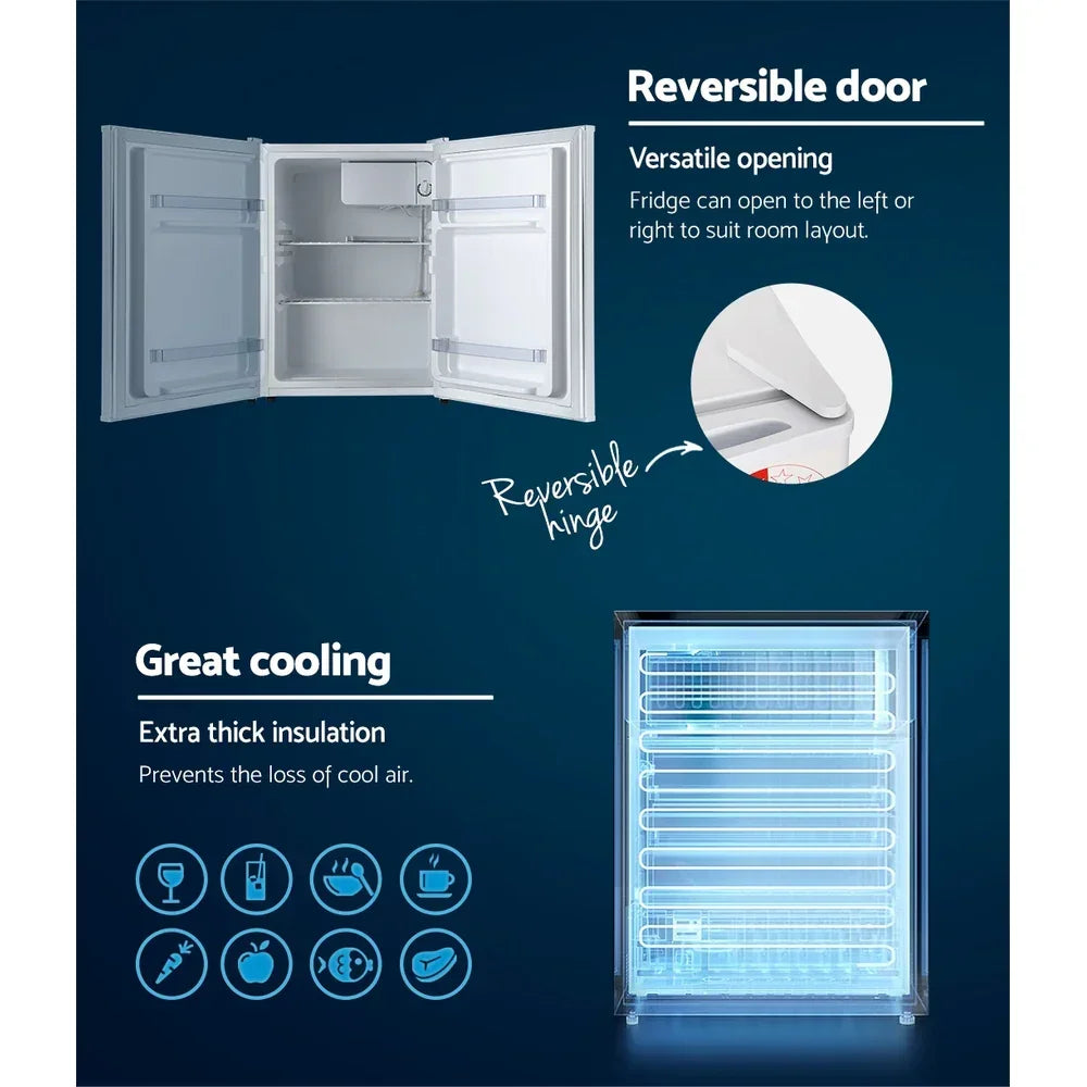 White mini fridge with reversible door, adjustable shelves, and great cooling insulation features.