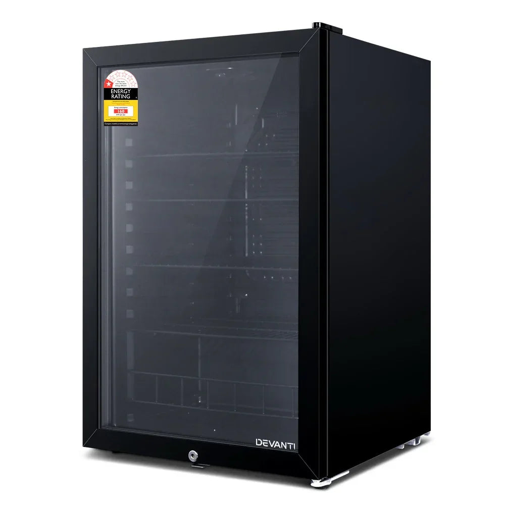 Black glass door bar fridge with energy rating label, multiple interior shelves visible.