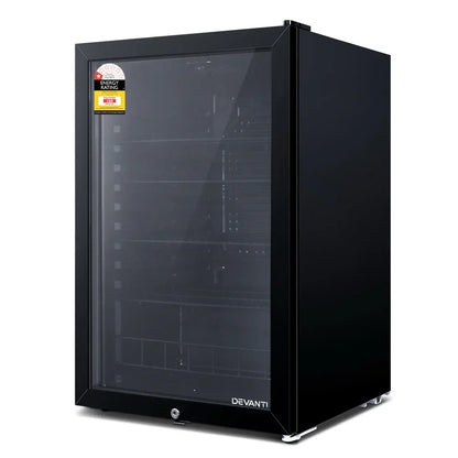 Black glass door bar fridge with energy rating label, multiple interior shelves visible.