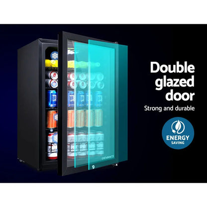Black glass door bar fridge with drinks, energy saving, double glazed door, open display