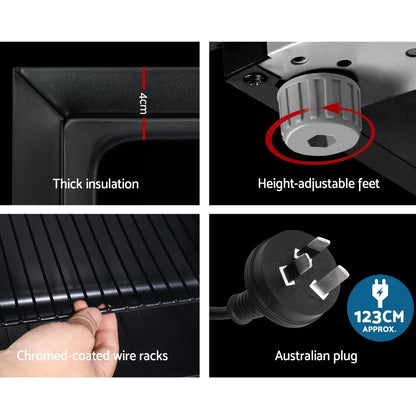 Oven features closeup: thick insulation, height-adjustable feet, chrome wire racks, Australian plug