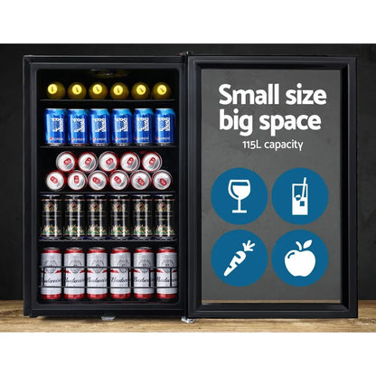 Compact mini fridge open, stocked with drinks, showing 115L capacity and storage icons.