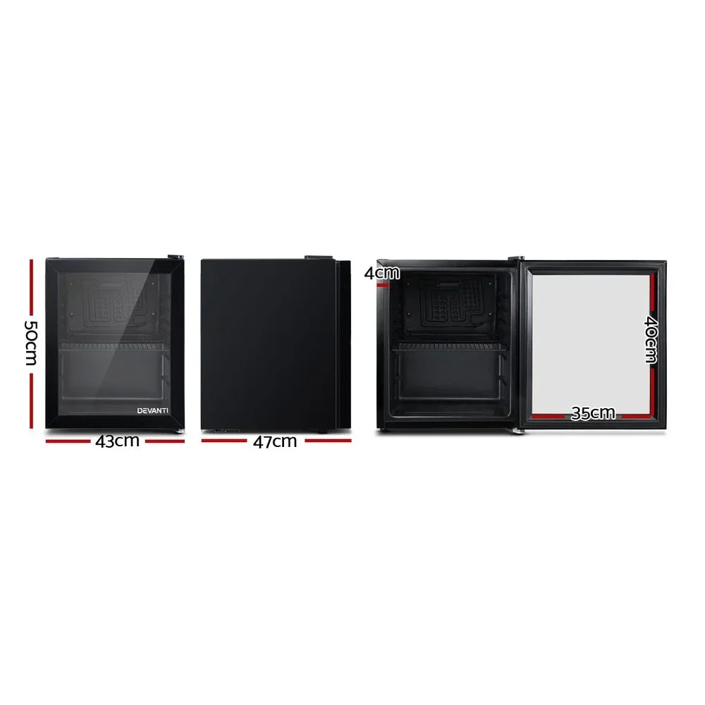 Black mini bar fridge with glass door, shown closed and open, with dimensions for home or office.
