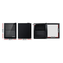 Black mini bar fridge with glass door, shown closed and open, with dimensions for home or office.