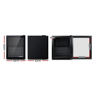 Black mini bar fridge with glass door, shown closed and open, with dimensions for home or office.
