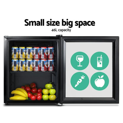 46L mini fridge open with drinks, bananas, tomatoes, green apples, and food icons on door.