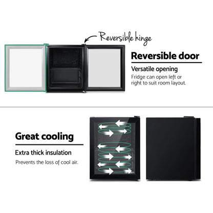 Compact bar fridge with reversible door, thick insulation, and cooling airflow illustration.