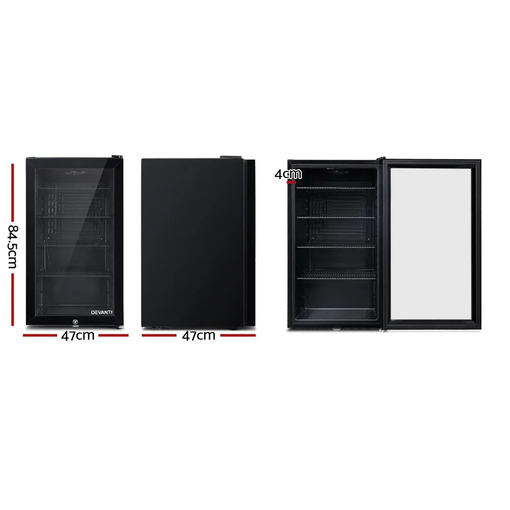 Black bar fridge with glass door, three shelves, and dimensions 84.5cm x 47cm x 47cm