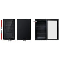 Black bar fridge with glass door, three shelves, and dimensions 84.5cm x 47cm x 47cm