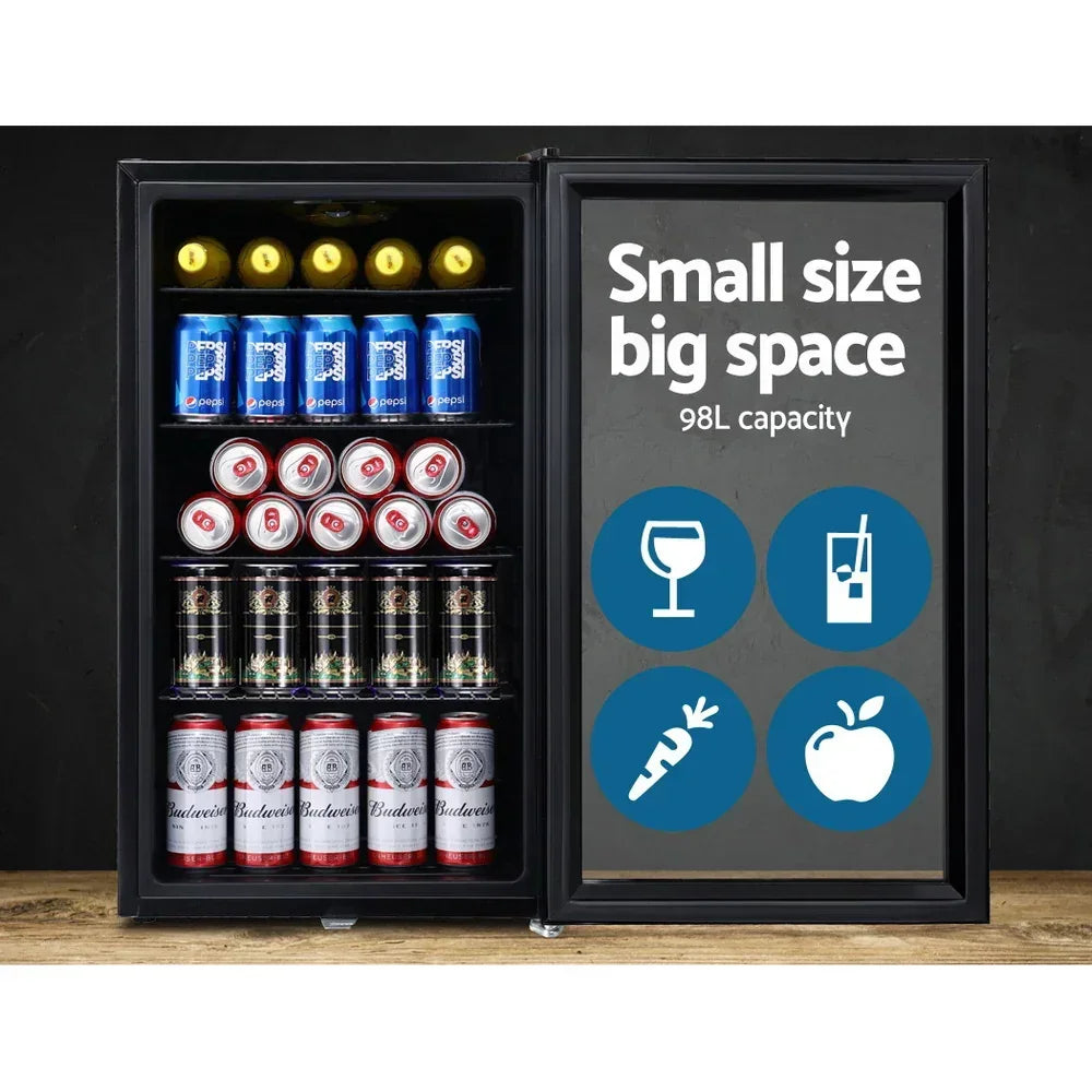 98L mini bar fridge open, stocked with cans, bottles, and drinks, black design shown indoors