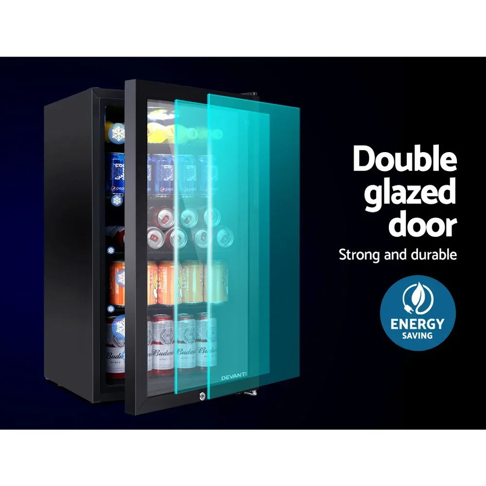 Black mini bar fridge with double glazed glass door and assorted drinks, energy saving design