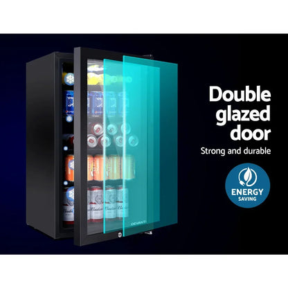 Black mini bar fridge with double glazed glass door and assorted drinks, energy saving design