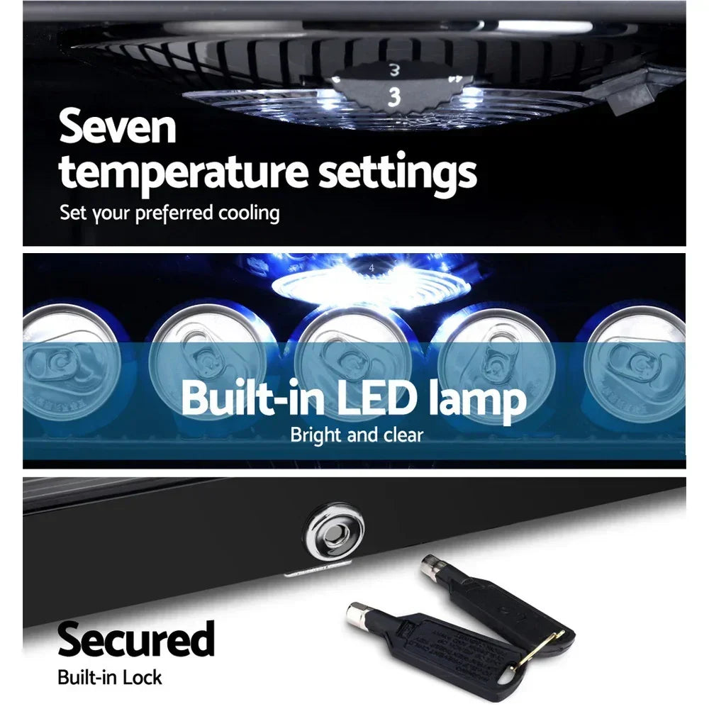 Mini fridge features seven temperature settings, built-in LED light, and secure lock with keys.