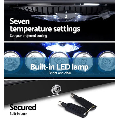 Mini fridge features seven temperature settings, built-in LED light, and secure lock with keys.