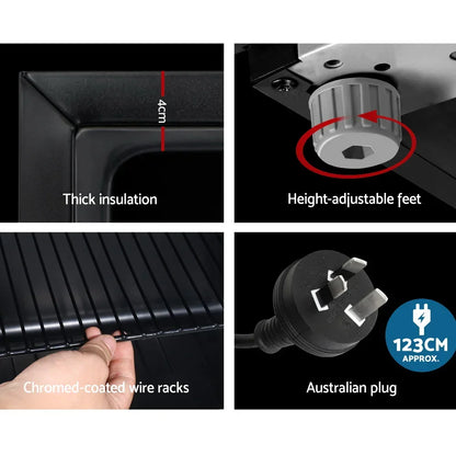 Black oven features thick insulation, height-adjustable feet, chrome wire rack, Australian plug