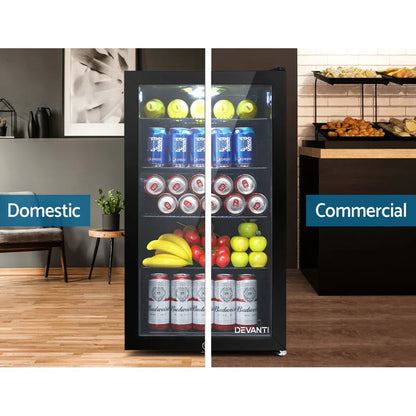 Glass door beverage fridge stocked with drinks and fruit for home and commercial use