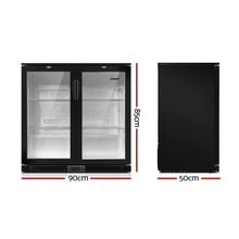 Black double glass door bar fridge with shelves, dimensions 90x50x85cm shown