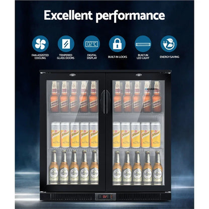 Double glass door bar fridge with fan-assisted cooling, LED light, and assorted drinks inside.