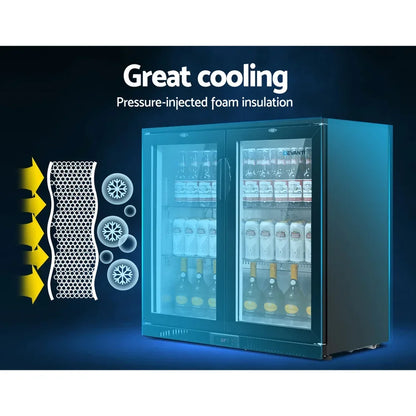 Glass door bar fridge with drinks, showcasing pressure-injected foam insulation and great cooling