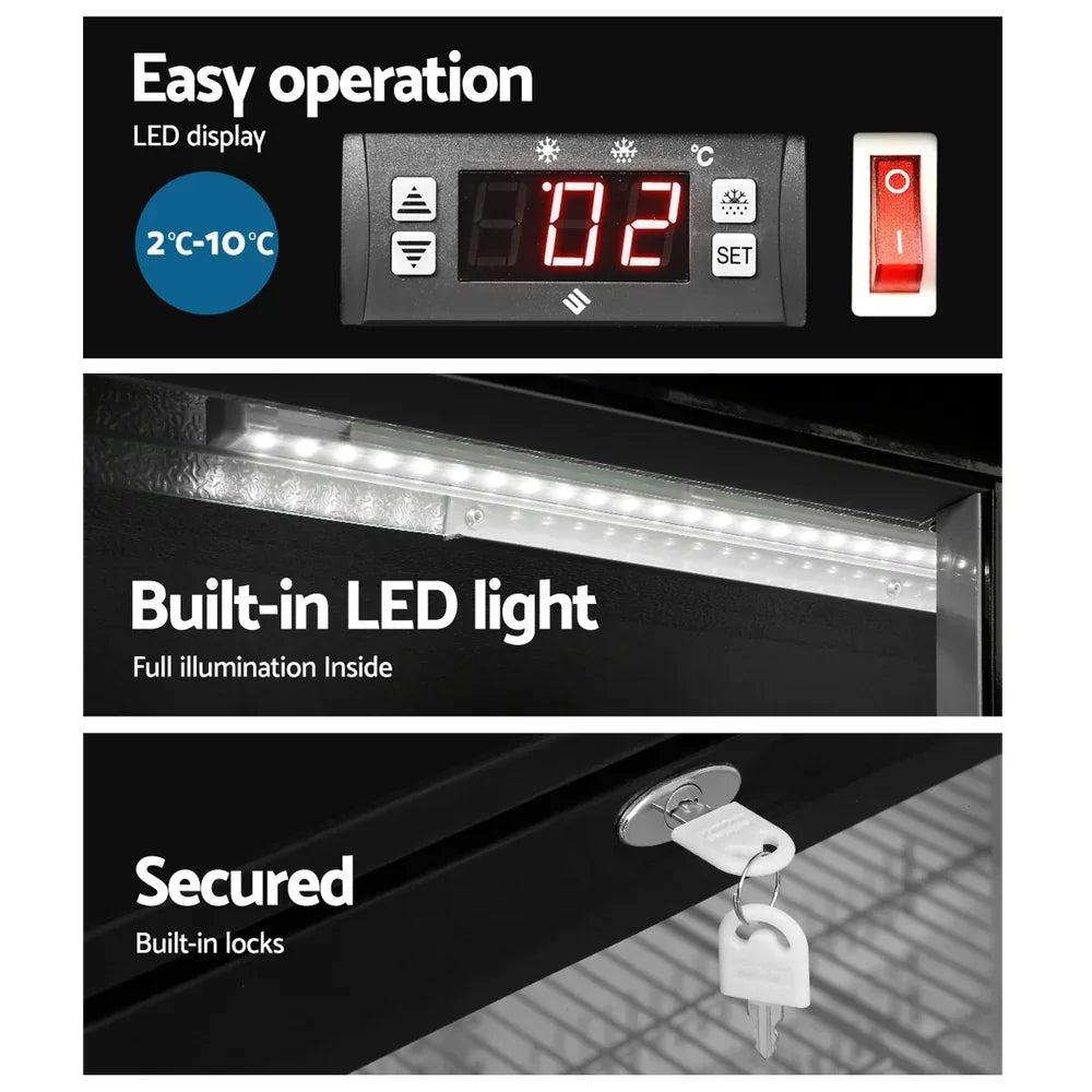 Black display fridge control panel with LED display, built-in LED light, and security lock with keys.