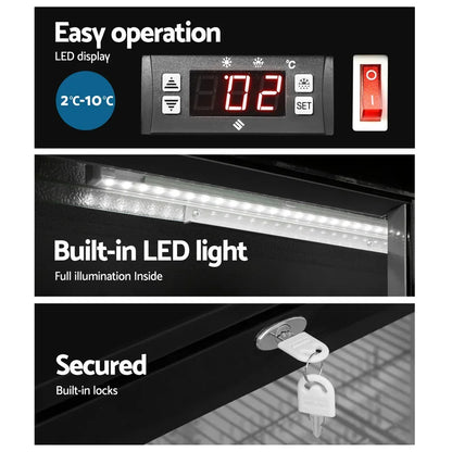 Black display fridge control panel with LED display, built-in LED light, and security lock with keys.