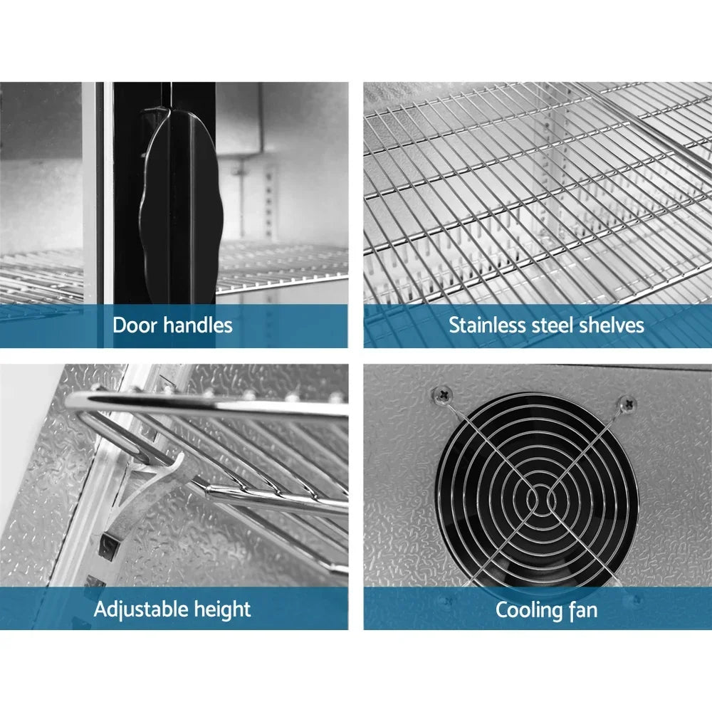 Commercial fridge features including door handles, stainless steel shelves, adjustable height, and cooling fan.