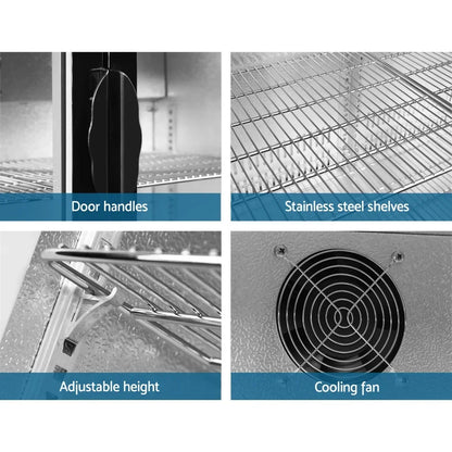 Commercial fridge features including door handles, stainless steel shelves, adjustable height, and cooling fan.
