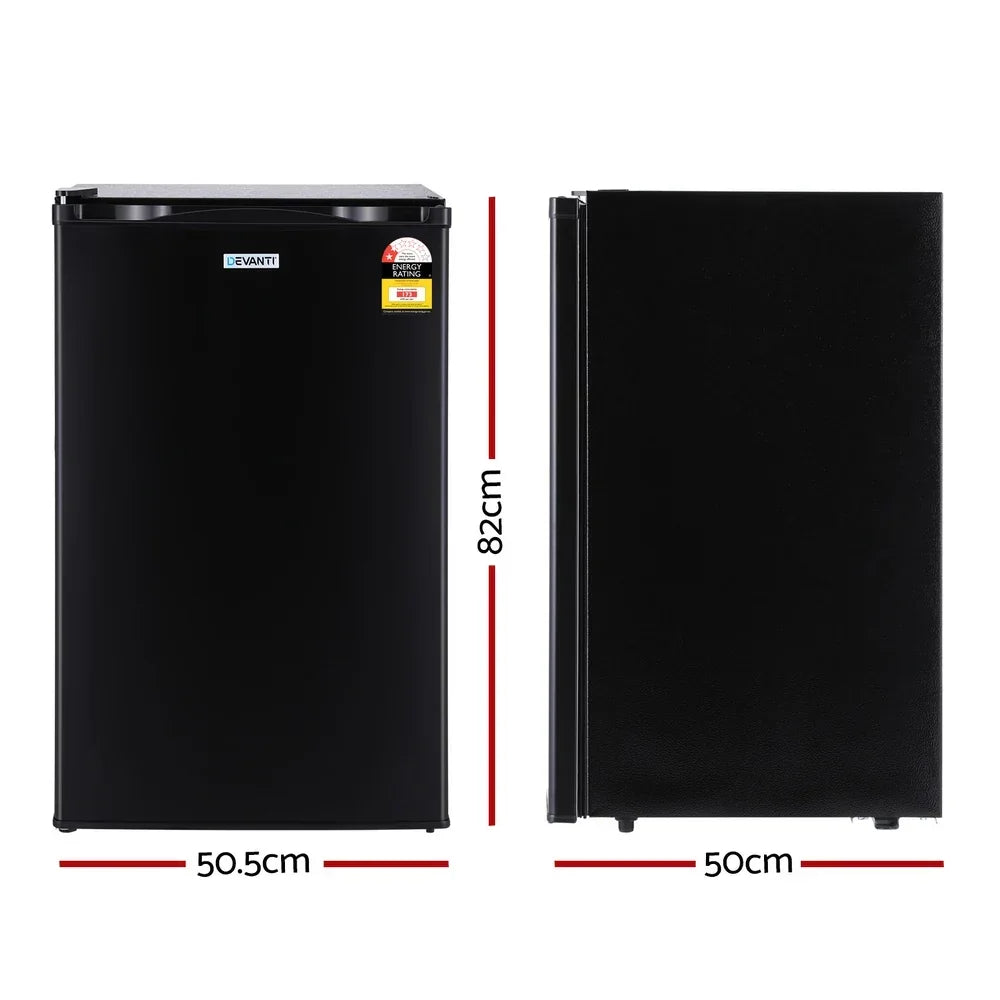 Black single door compact bar fridge with dimensions 82cm height, 50.5cm width, 50cm depth