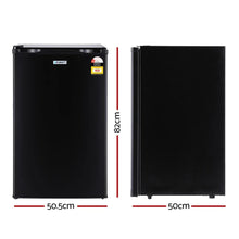 Black single door compact bar fridge with dimensions 82cm height, 50.5cm width, 50cm depth