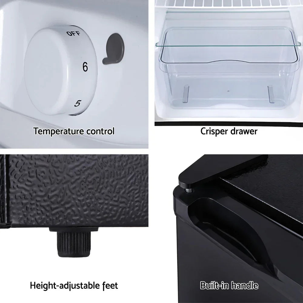Mini fridge with temperature control, crisper drawer, adjustable feet, and built-in handle.