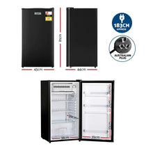 Black mini fridge with dimensions, open and closed views, shelves, and Australian plug.