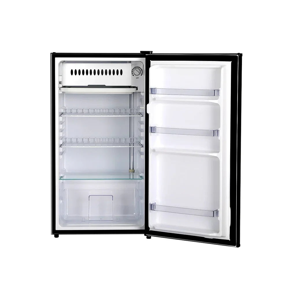 Open black mini fridge with multiple shelves and clear door compartments, empty interior