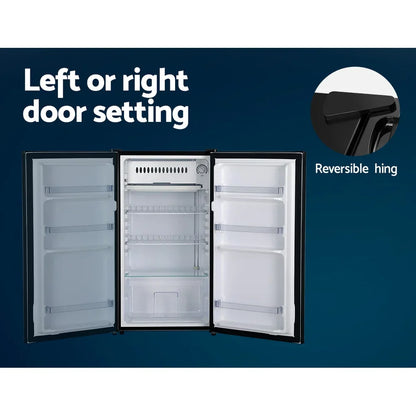 Black refrigerator with reversible hinge, open double doors, adjustable shelves, blue background