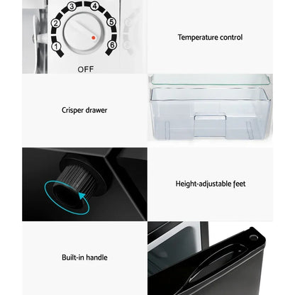Fridge features collage showing temperature control, crisper drawer, adjustable feet, and built-in handle.