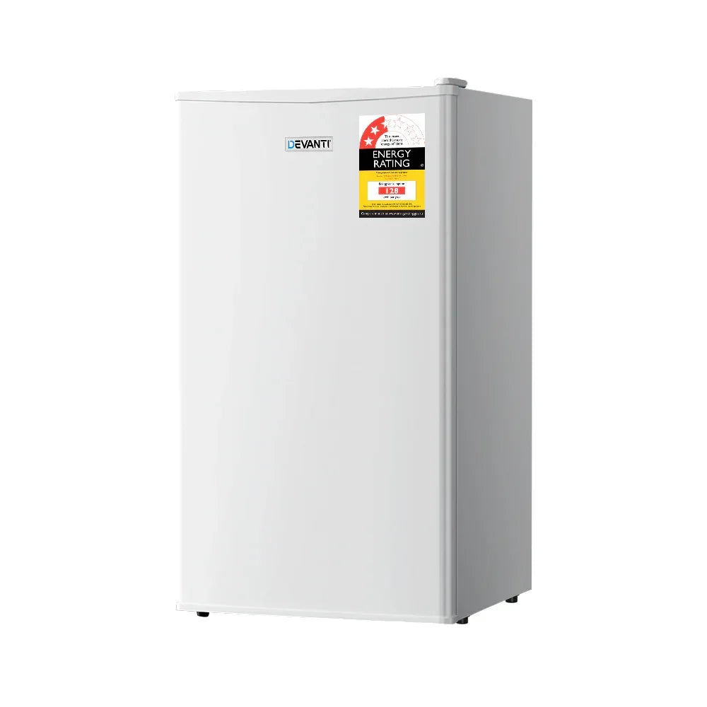 White single-door bar fridge with energy rating sticker on front.