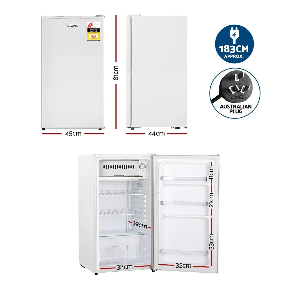 White bar fridge with Australian plug, open and closed views, size dimensions shown