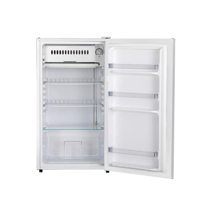 White single-door bar fridge with open door, interior shelves and door storage compartments