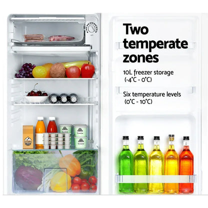 Open compact fridge with organized food, drinks, fresh produce and two temperature zones.