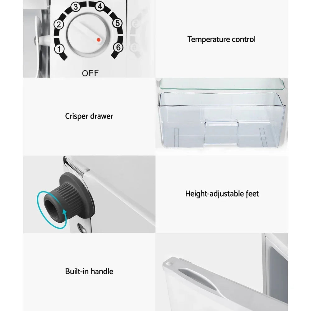 Fridge features temperature control, crisper drawer, height-adjustable feet, built-in handle.