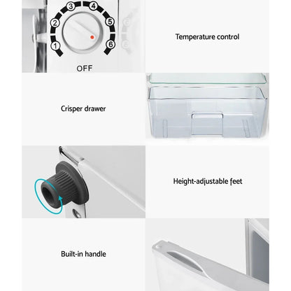 Fridge features temperature control, crisper drawer, height-adjustable feet, built-in handle.