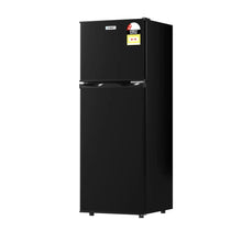 black double door refrigerator with top freezer and energy rating label