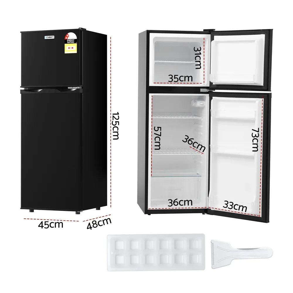 Black two-door refrigerator with interior dimensions labeled, ice tray, and cleaning tool included.