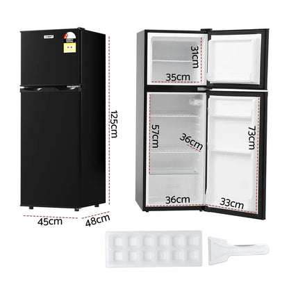Black two-door refrigerator with interior dimensions labeled, ice tray, and cleaning tool included.