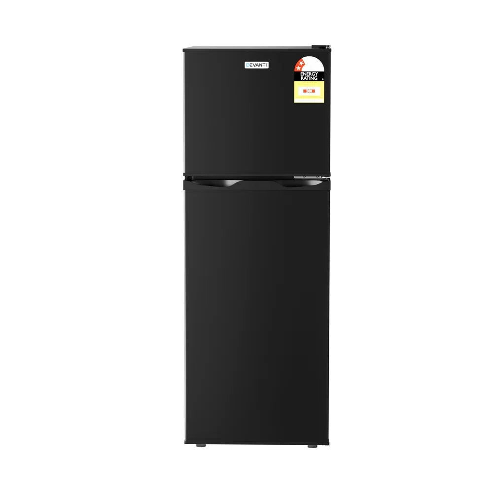 Black two-door top freezer refrigerator with energy rating label, modern design