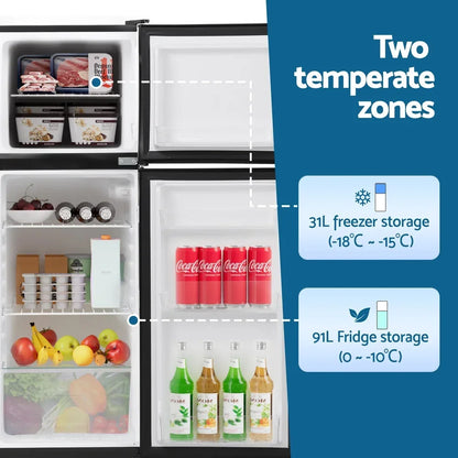 Double door fridge freezer with 31L freezer and 91L fridge storage, stocked with food.
