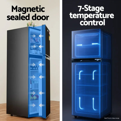 Double door refrigerator with magnetic sealed door and 7-stage temperature control illustration.