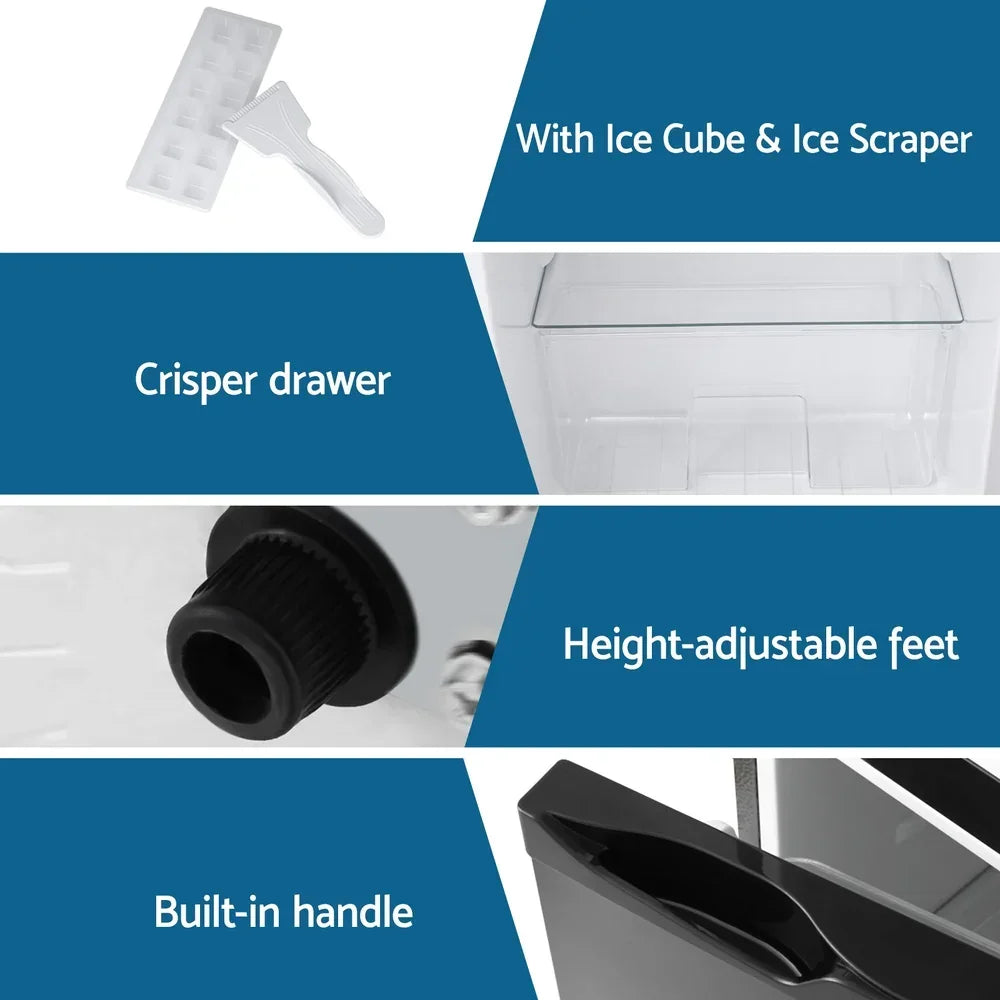 Freezer fridge features ice cube tray, scraper, crisper drawer, adjustable feet, built-in handle