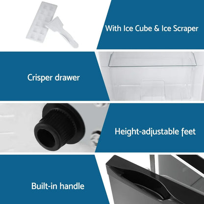Freezer fridge features ice cube tray, scraper, crisper drawer, adjustable feet, built-in handle